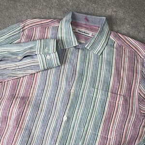 Tommy Bahama Mens M Striped Long Sleeve Pocket Button Up Shirt‎ 100% Linen